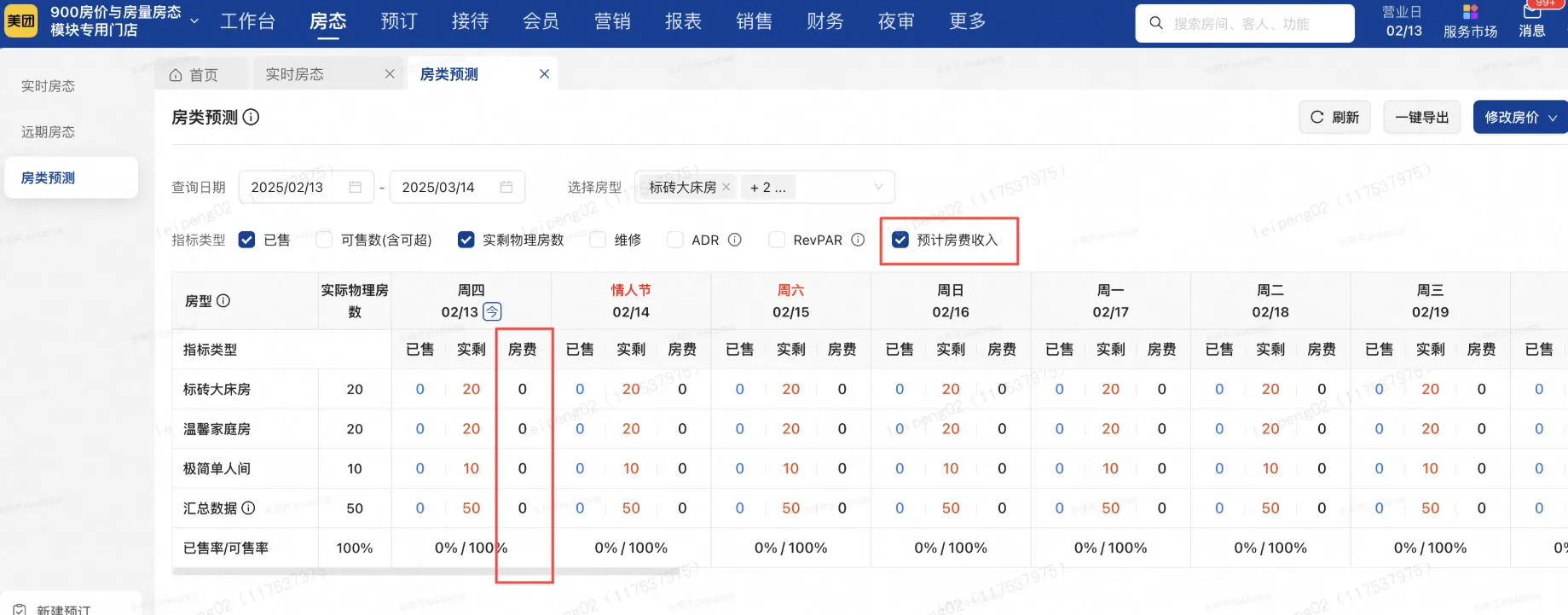 美团PMS酒店系统：新增房类预测新增预计房费收入、移动端房类预测视觉优化