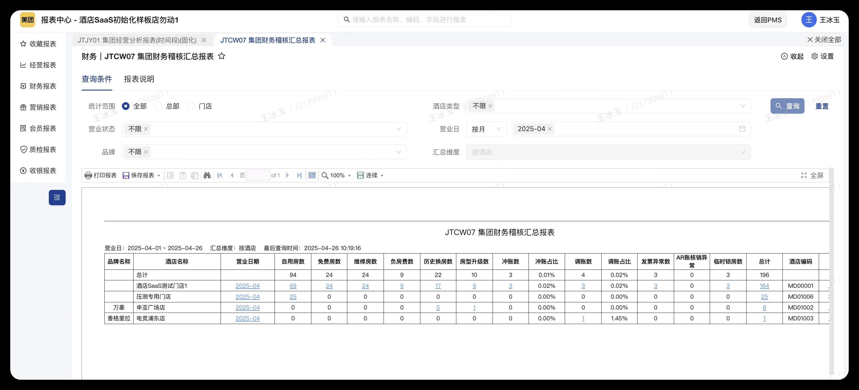 【新增】集团侧财务稽核报表JTCW05和JTCW07、门店侧财务稽核报表CW21和CW22增加临时锁房财务场景和不同时间维度（日/周/月/自定义时间）的数据统计