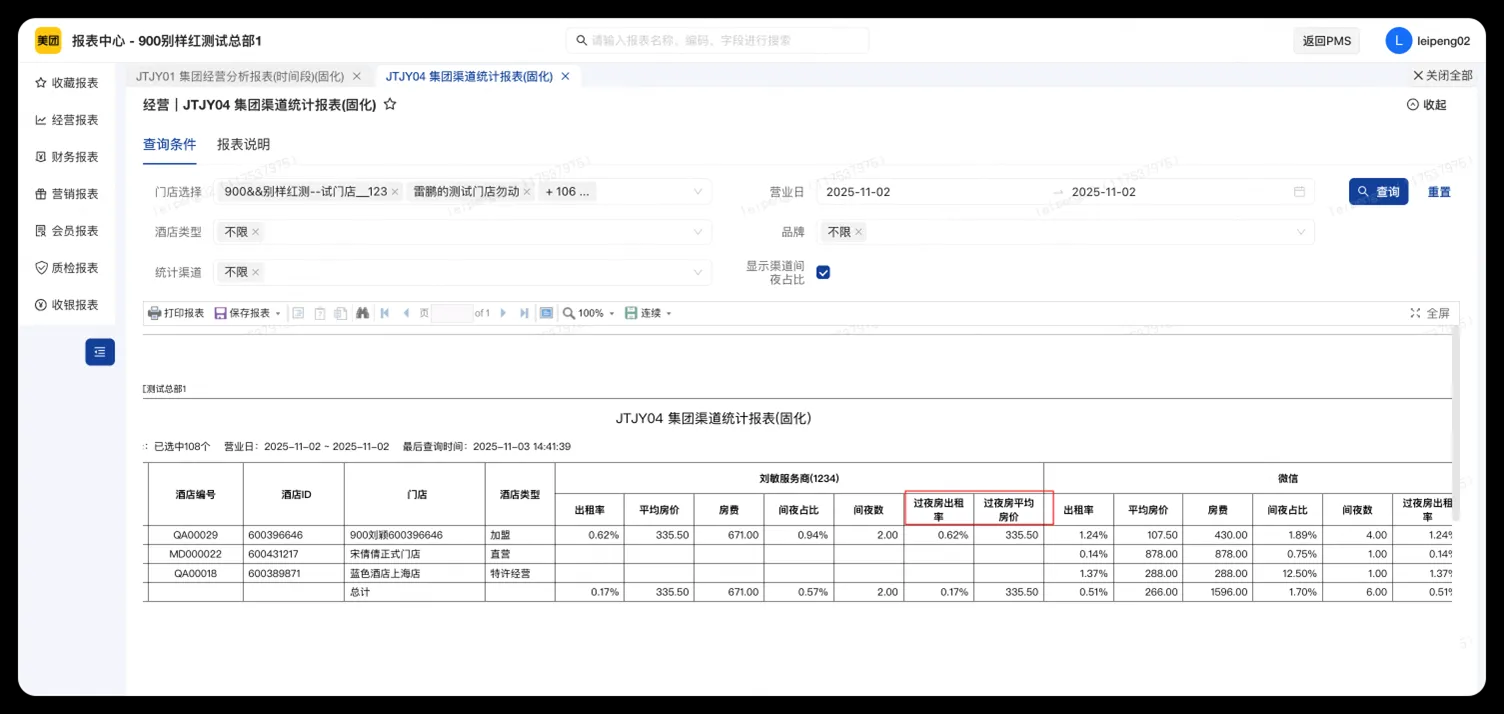【集团专项】JTJY04报表增加‘过夜房出租率’和‘过夜房平均房价’字段
